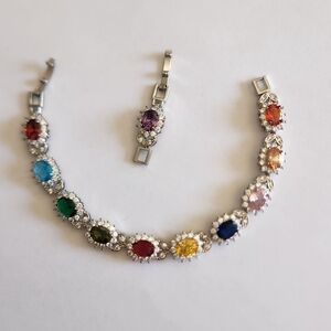 New 925 Silver Oval Cut Multicolored Gemstones Flower Bracelet with Extender